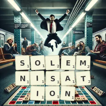 Creative illustration for a Scrabble game with the word SOLEMNISATION spelled out in tiles on the board.