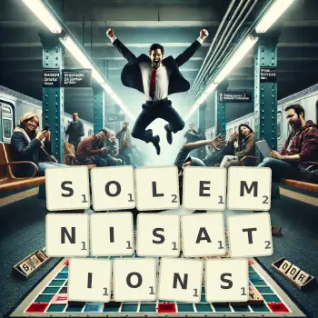 Creative illustration for a Scrabble game with the word SOLEMNISATIONS spelled out in tiles on the board.