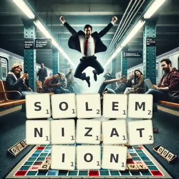 Creative illustration for a Scrabble game with the word SOLEMNIZATION spelled out in tiles on the board.