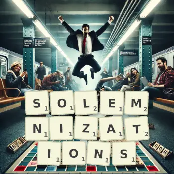 Creative illustration for a Scrabble game with the word SOLEMNIZATIONS spelled out in tiles on the board.