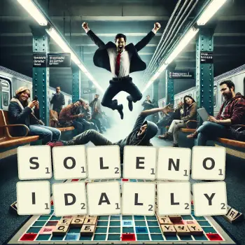 Creative illustration for a Scrabble game with the word SOLENOIDALLY spelled out in tiles on the board.