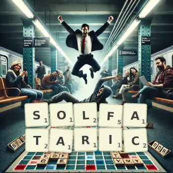 Creative illustration for a Scrabble game with the word SOLFATARIC spelled out in tiles on the board.
