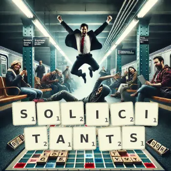 Creative illustration for a Scrabble game with the word SOLICITANTS spelled out in tiles on the board.
