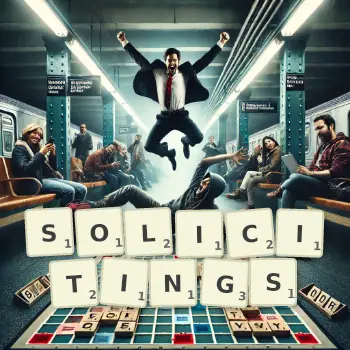 Creative illustration for a Scrabble game with the word SOLICITINGS spelled out in tiles on the board.