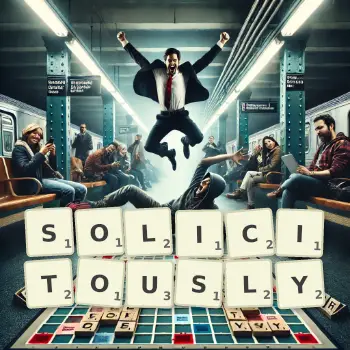 Creative illustration for a Scrabble game with the word SOLICITOUSLY spelled out in tiles on the board.