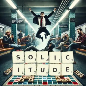 Creative illustration for a Scrabble game with the word SOLICITUDE spelled out in tiles on the board.