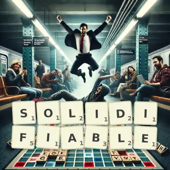 Creative illustration for a Scrabble game with the word SOLIDIFIABLE spelled out in tiles on the board.
