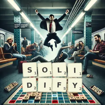 Creative illustration for a Scrabble game with the word SOLIDIFY spelled out in tiles on the board.