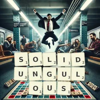 Creative illustration for a Scrabble game with the word SOLIDUNGULOUS spelled out in tiles on the board.