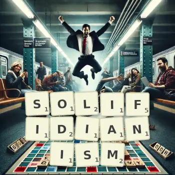 Creative illustration for a Scrabble game with the word SOLIFIDIANISM spelled out in tiles on the board.