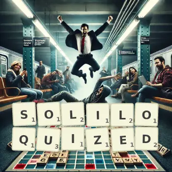 Creative illustration for a Scrabble game with the word SOLILOQUIZED spelled out in tiles on the board.