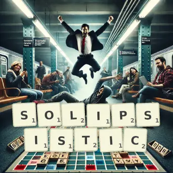 Creative illustration for a Scrabble game with the word SOLIPSISTIC spelled out in tiles on the board.