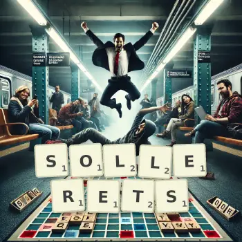 Creative illustration for a Scrabble game with the word SOLLERETS spelled out in tiles on the board.