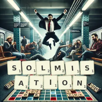 Creative illustration for a Scrabble game with the word SOLMISATION spelled out in tiles on the board.