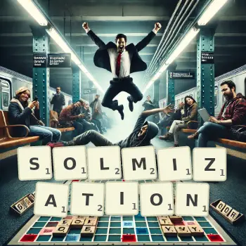 Creative illustration for a Scrabble game with the word SOLMIZATION spelled out in tiles on the board.