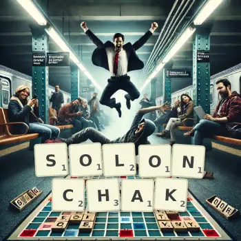 Creative illustration for a Scrabble game with the word SOLONCHAK spelled out in tiles on the board.