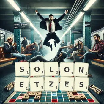Creative illustration for a Scrabble game with the word SOLONETZES spelled out in tiles on the board.