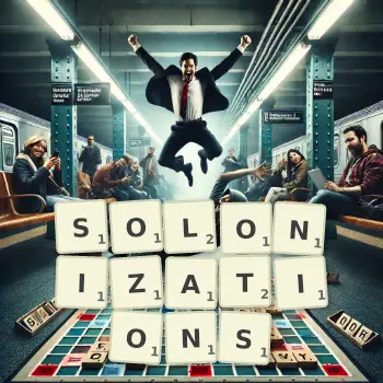 Creative illustration for a Scrabble game with the word SOLONIZATIONS spelled out in tiles on the board.