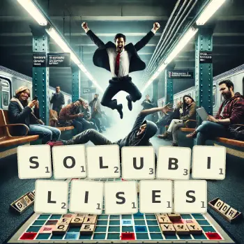 Creative illustration for a Scrabble game with the word SOLUBILISES spelled out in tiles on the board.