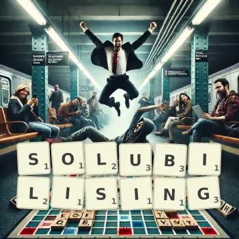 Creative illustration for a Scrabble game with the word SOLUBILISING spelled out in tiles on the board.