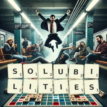 Creative illustration for a Scrabble game with the word SOLUBILITIES spelled out in tiles on the board.