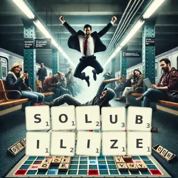 Creative illustration for a Scrabble game with the word SOLUBILIZE spelled out in tiles on the board.