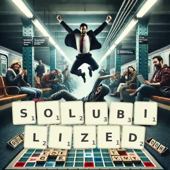 Creative illustration for a Scrabble game with the word SOLUBILIZED spelled out in tiles on the board.
