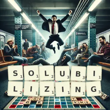 Creative illustration for a Scrabble game with the word SOLUBILIZING spelled out in tiles on the board.