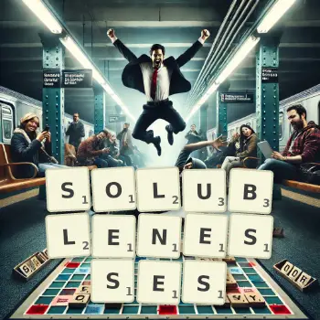 Creative illustration for a Scrabble game with the word SOLUBLENESSES spelled out in tiles on the board.