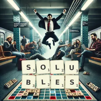 Creative illustration for a Scrabble game with the word SOLUBLES spelled out in tiles on the board.