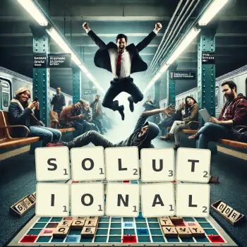 Creative illustration for a Scrabble game with the word SOLUTIONAL spelled out in tiles on the board.