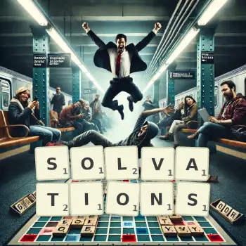 Creative illustration for a Scrabble game with the word SOLVATIONS spelled out in tiles on the board.