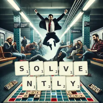 Creative illustration for a Scrabble game with the word SOLVENTLY spelled out in tiles on the board.