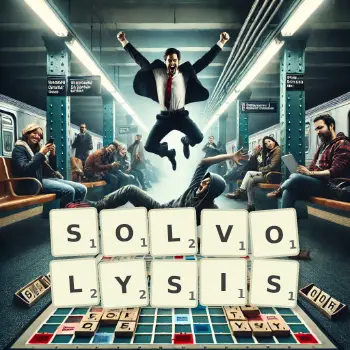 Creative illustration for a Scrabble game with the word SOLVOLYSIS spelled out in tiles on the board.