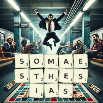 Creative illustration for a Scrabble game with the word SOMAESTHESIAS spelled out in tiles on the board.