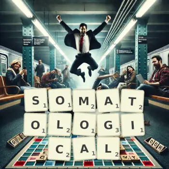 Creative illustration for a Scrabble game with the word SOMATOLOGICAL spelled out in tiles on the board.