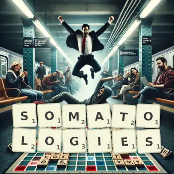 Creative illustration for a Scrabble game with the word SOMATOLOGIES spelled out in tiles on the board.