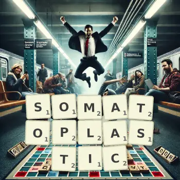 Creative illustration for a Scrabble game with the word SOMATOPLASTIC spelled out in tiles on the board.