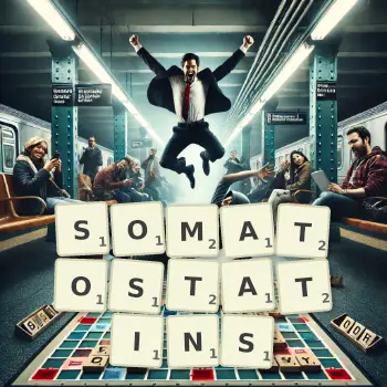 Creative illustration for a Scrabble game with the word SOMATOSTATINS spelled out in tiles on the board.