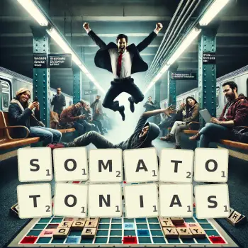 Creative illustration for a Scrabble game with the word SOMATOTONIAS spelled out in tiles on the board.