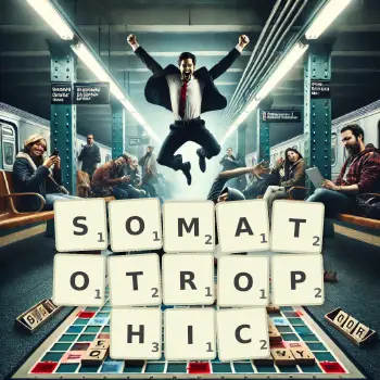 Creative illustration for a Scrabble game with the word SOMATOTROPHIC spelled out in tiles on the board.