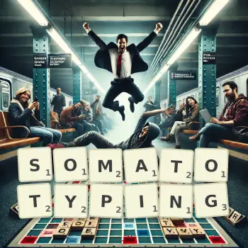Creative illustration for a Scrabble game with the word SOMATOTYPING spelled out in tiles on the board.