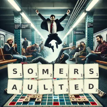 Creative illustration for a Scrabble game with the word SOMERSAULTED spelled out in tiles on the board.