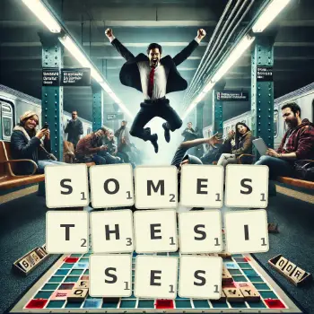 Creative illustration for a Scrabble game with the word SOMESTHESISES spelled out in tiles on the board.