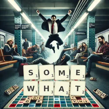 Creative illustration for a Scrabble game with the word SOMEWHAT spelled out in tiles on the board.