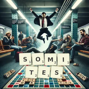 Creative illustration for a Scrabble game with the word SOMITES spelled out in tiles on the board.