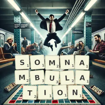 Creative illustration for a Scrabble game with the word SOMNAMBULATION spelled out in tiles on the board.