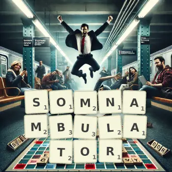 Creative illustration for a Scrabble game with the word SOMNAMBULATOR spelled out in tiles on the board.