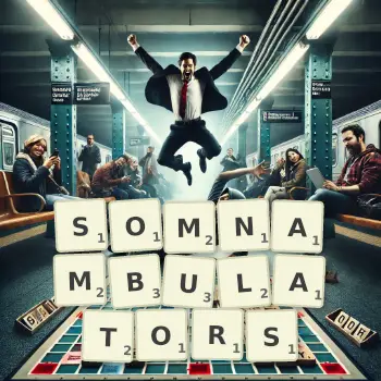 Creative illustration for a Scrabble game with the word SOMNAMBULATORS spelled out in tiles on the board.