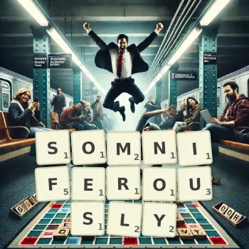 Creative illustration for a Scrabble game with the word SOMNIFEROUSLY spelled out in tiles on the board.